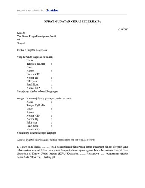 Contoh Surat Gugatan Cerai di Pengadilan Agama.